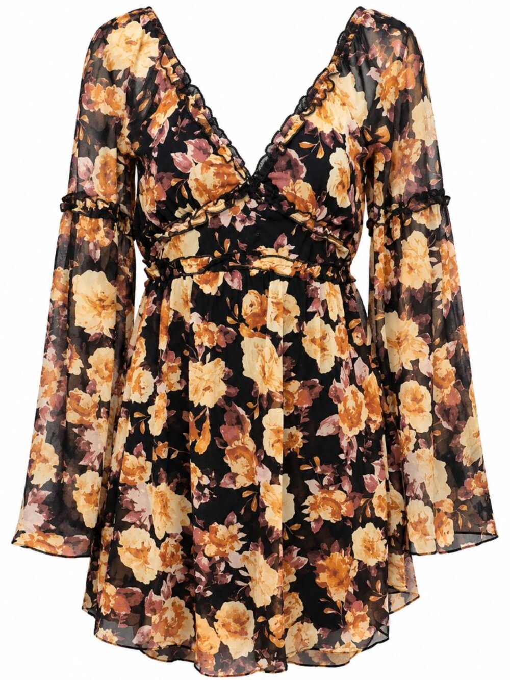 Small off on shoulder floral blouse, chiffon/sheer sleeves. Shirt dress. Mini